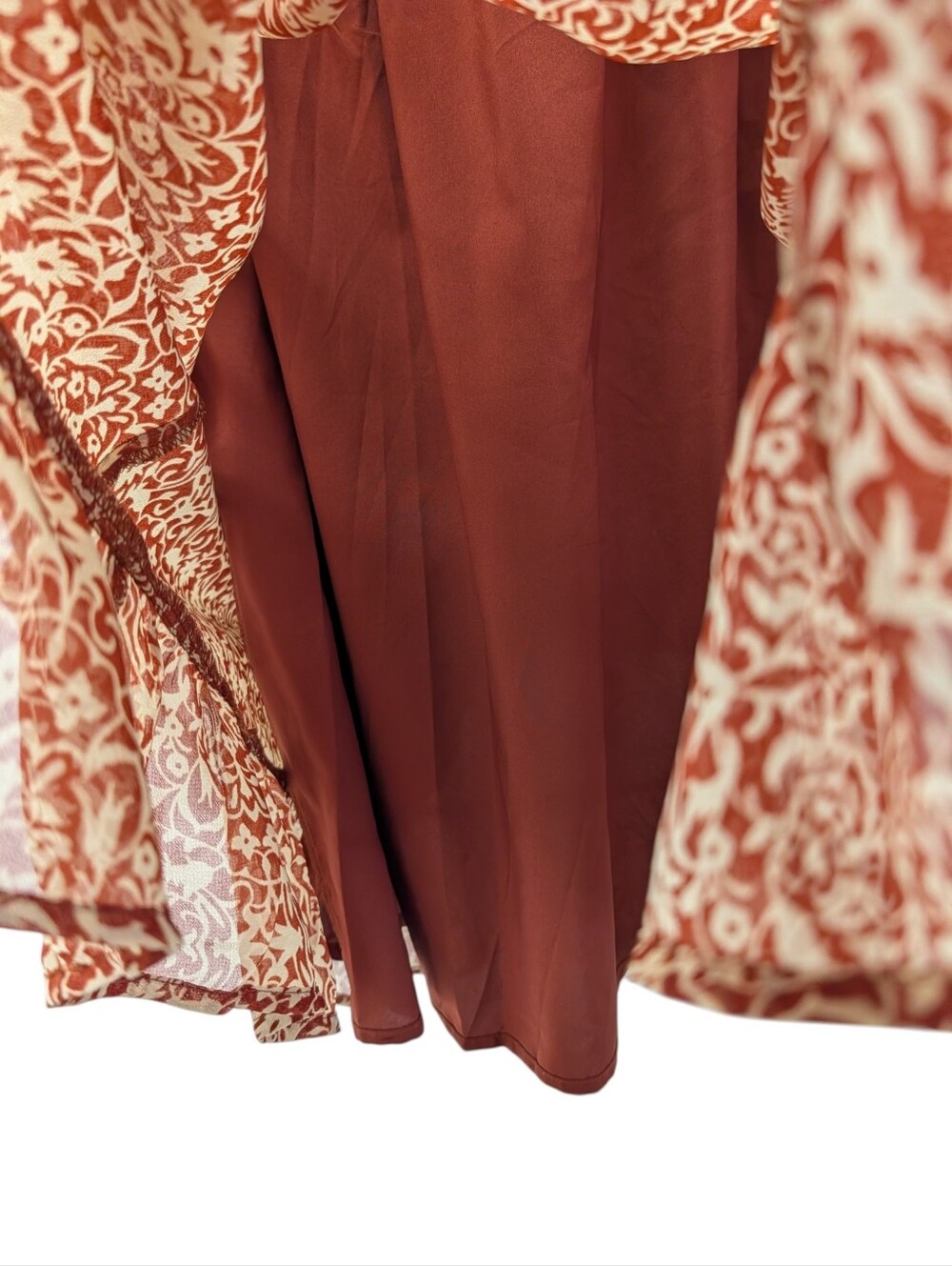 Doe & Rae Rust Floral Print Ruffle Neck Tie Long Sleeve Mini Dress S NWT - Picture 6 of 10